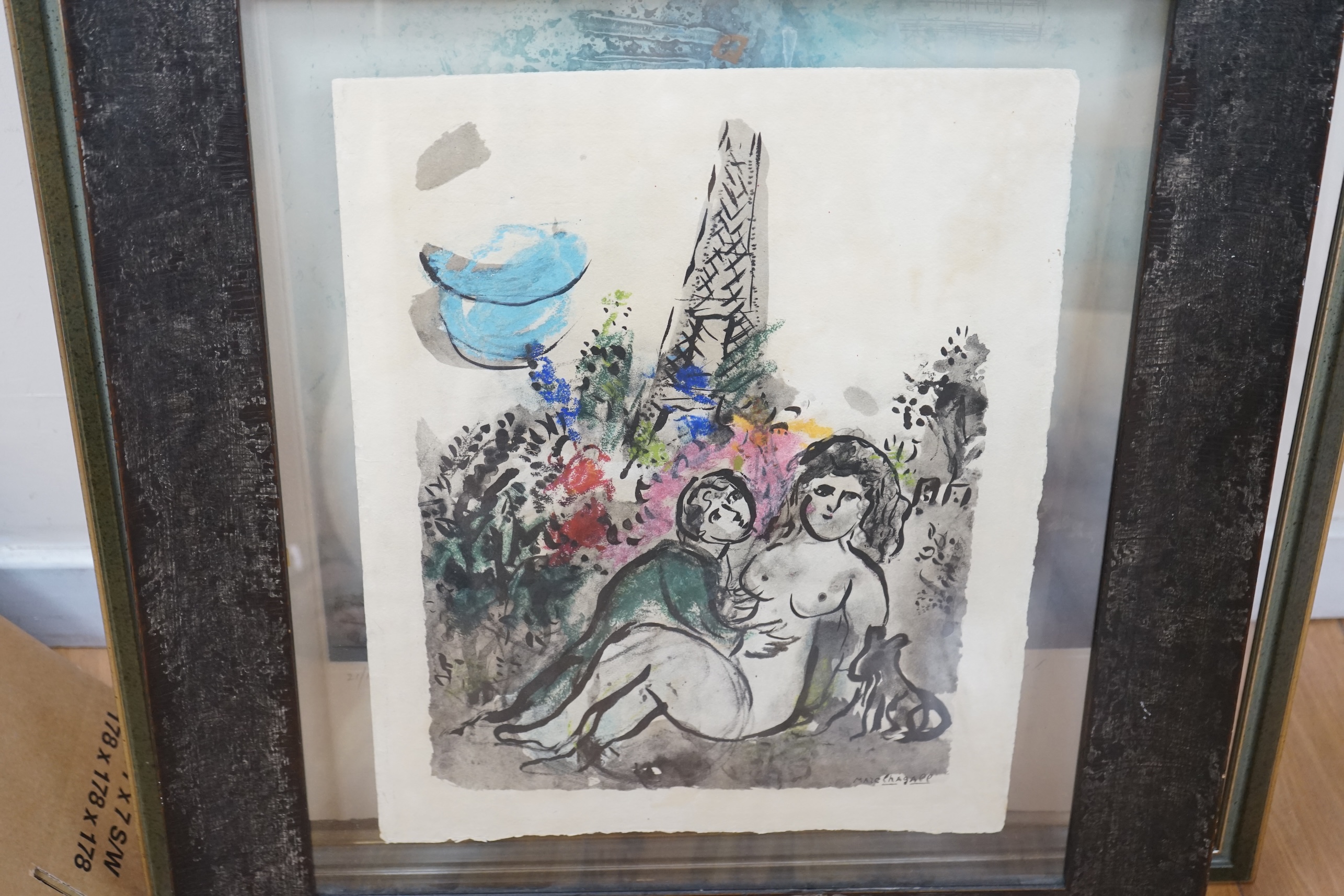 After Marc Chagall (French, 1887-1985), colour etching, Couleur amour, Paris, signed in plate, 50 x 39cm. Condition - poor to fair